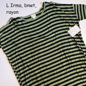 Large Lularoe Irma tunic top, olive green and black stripes, ribbed rayon